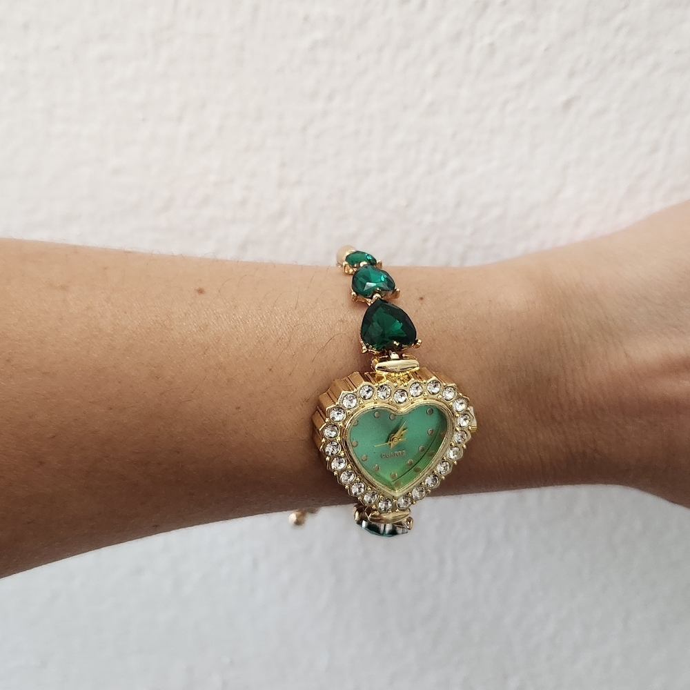 Vintage Green Casual Heart Shape Jewelry With Rhinestones Womens Watch - Picture 10 of 12